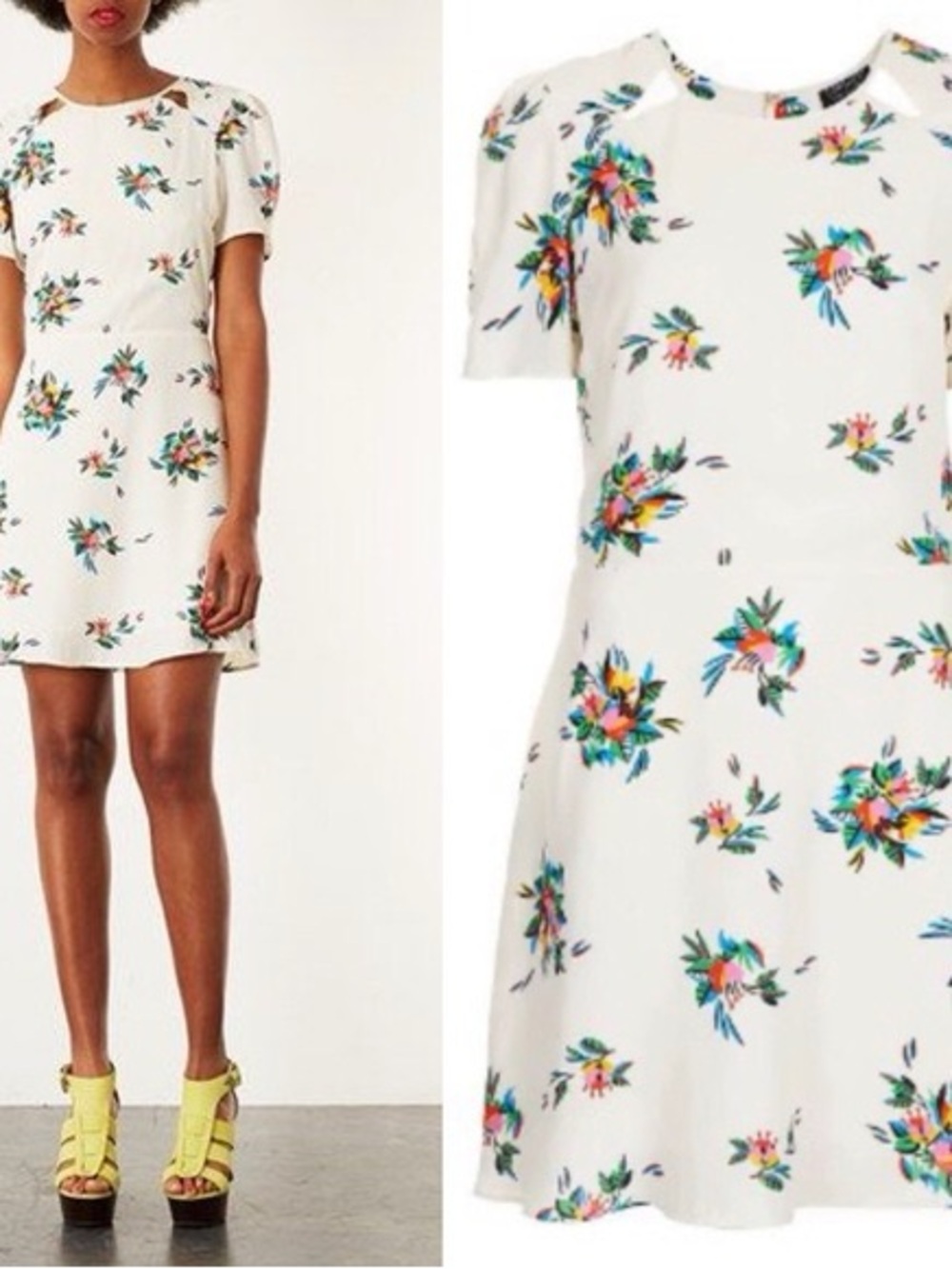 Topshop White Floral Mini Dress with Multicolor Blooms, Size 4